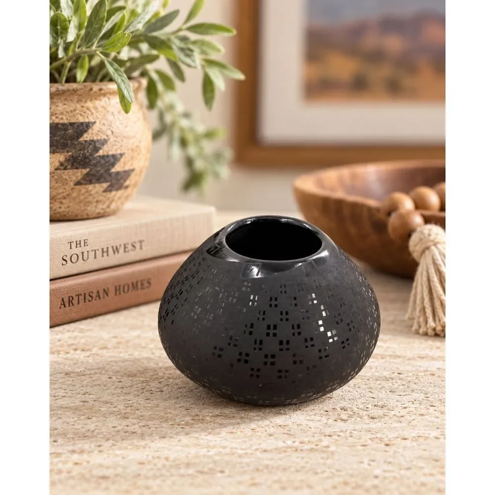 Southwestern Artisan Blackware Olla Pottery Desert Modern Pueblo Geometric Decor
